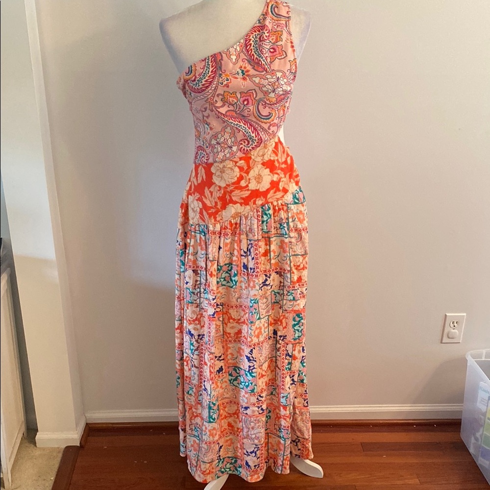 VENUS One-Shoulder Paisley and Floral Maxi Dress - Pink and Orange